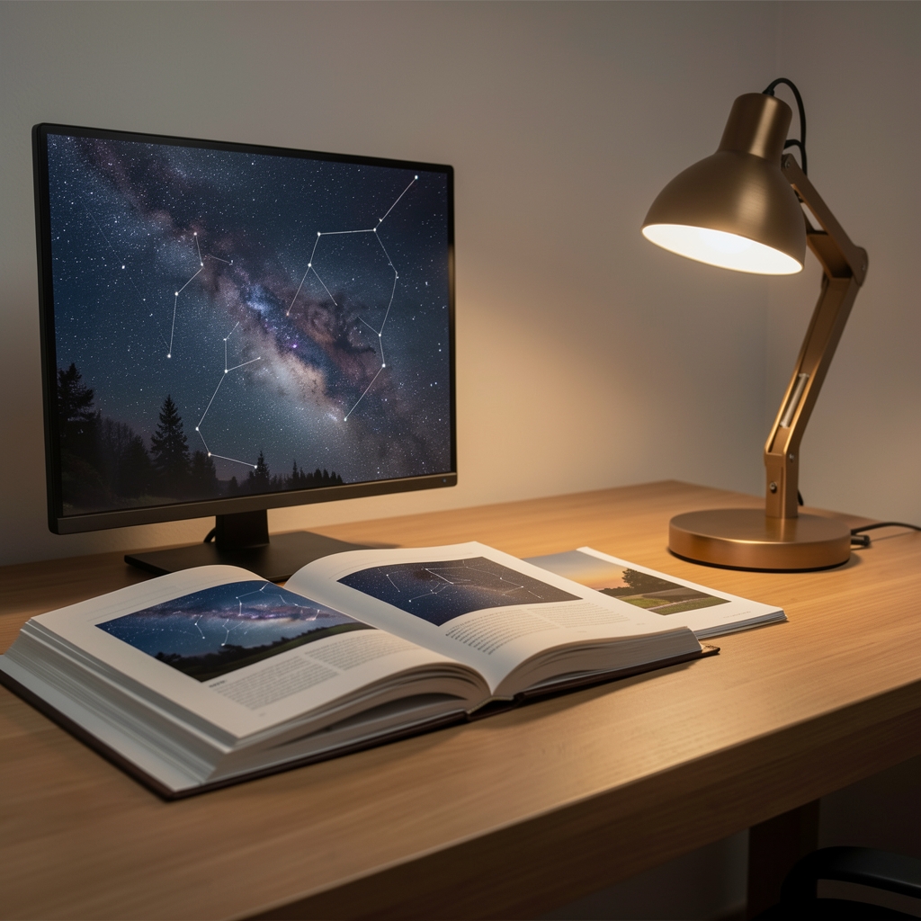 Archivo de artículos sobre constelaciones y cultura con hojas ordenadas, fotografías nocturnas y una lámpara de escritorio