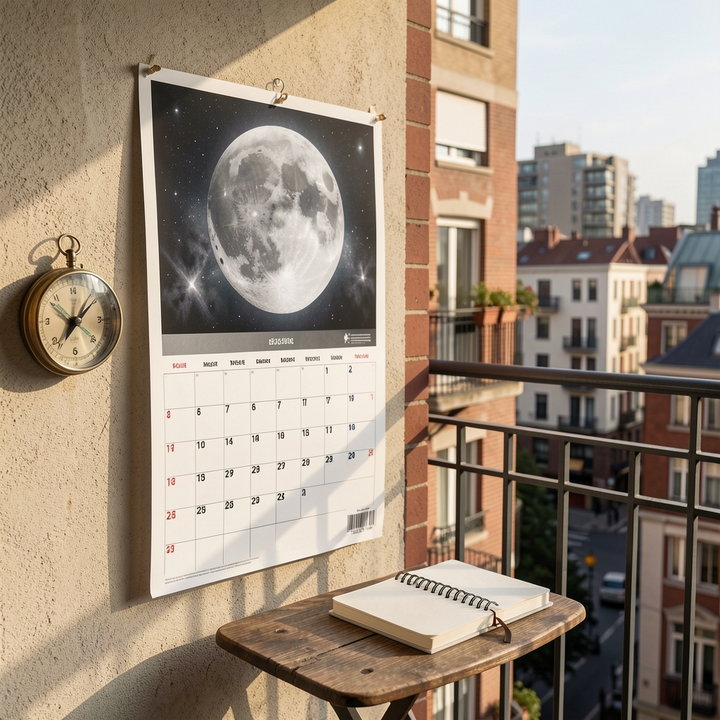 Calendario lunar de pared junto a una brújula y una libreta en un balcón urbano de Buenos Aires