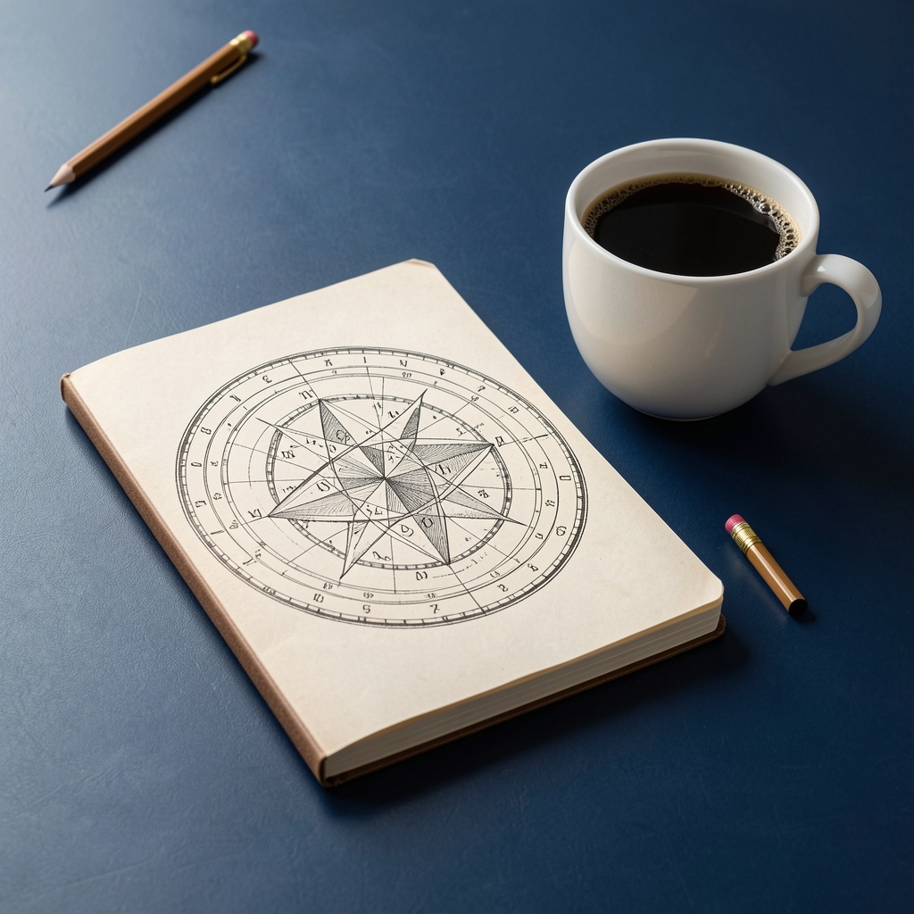 Carta astral impresa junto a un cuaderno de notas, lápiz y taza de café sobre un escritorio azul oscuro