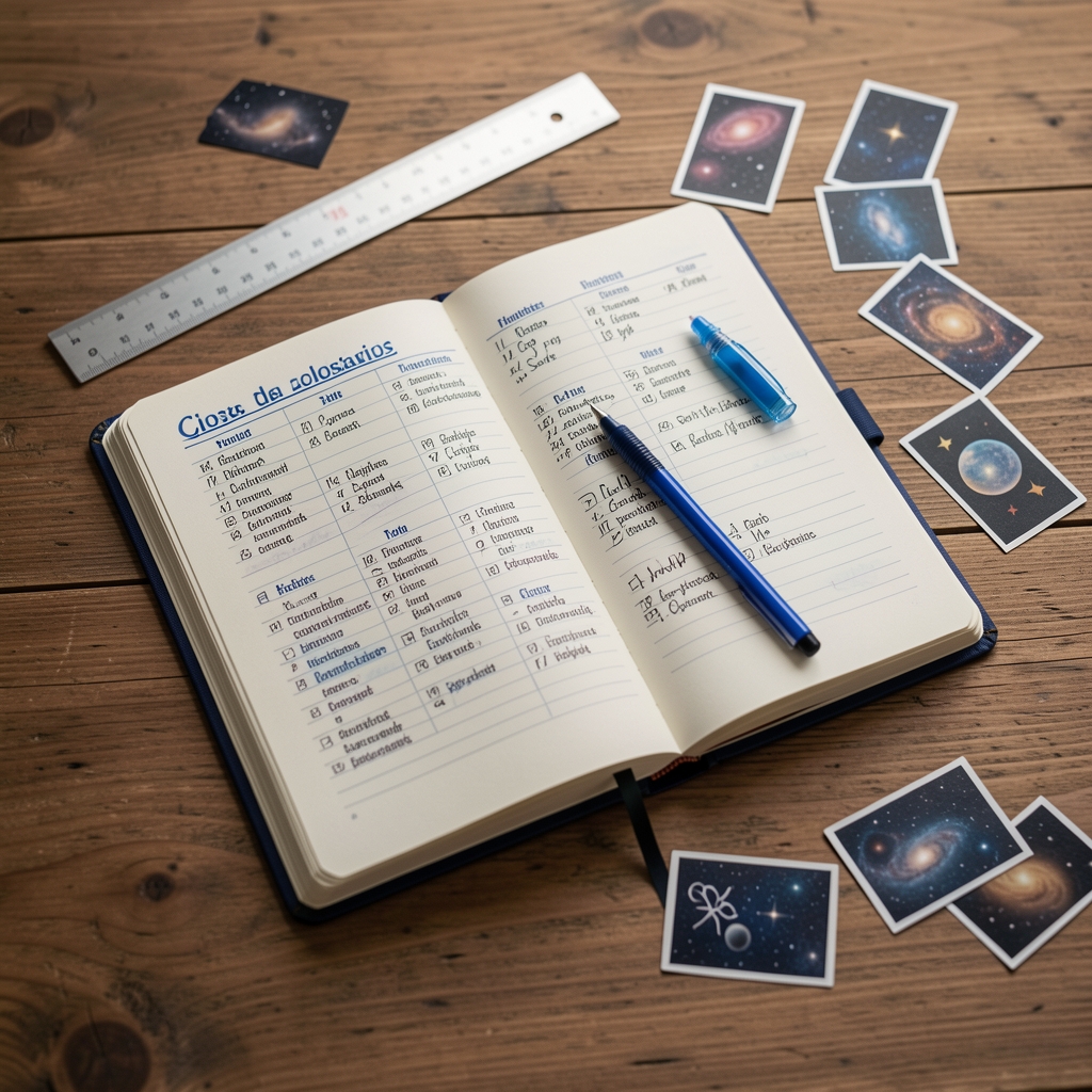 Cuaderno de glosario con términos del zodíaco, regla, tinta azul y pequeñas cartas del cielo sobre una mesa de madera