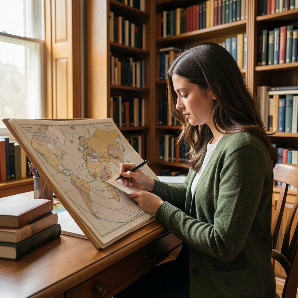 Investigadora tomando notas sobre mapas celestes y ciclos planetarios en una biblioteca tranquila de Buenos Aires