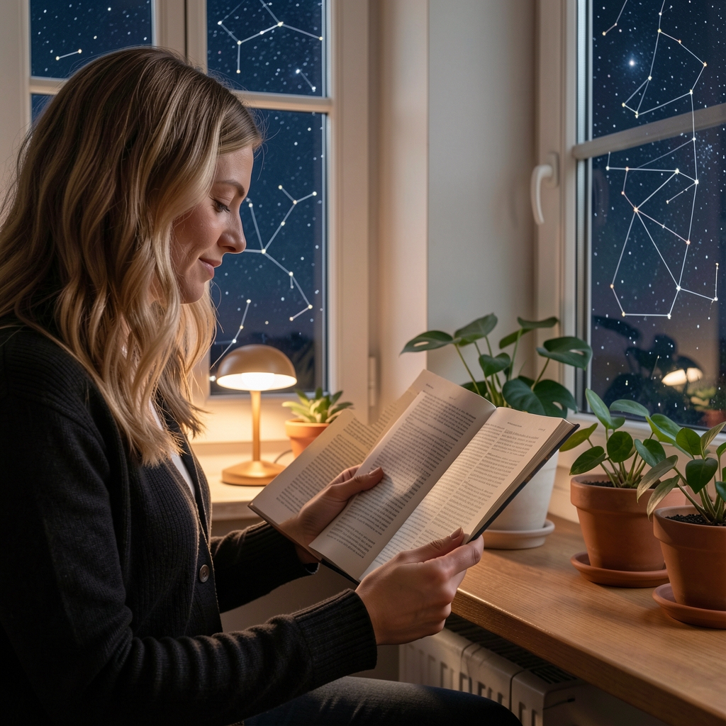 Persona leyendo un artículo sobre constelaciones junto a una ventana nocturna con una pequeña lámpara y plantas