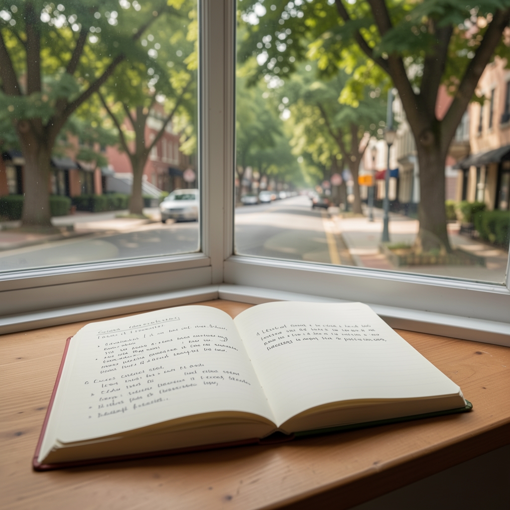 Cuaderno abierto con anotaciones sobre ciclos lunares junto a una ventana con vista a una calle arbolada de Buenos Aires