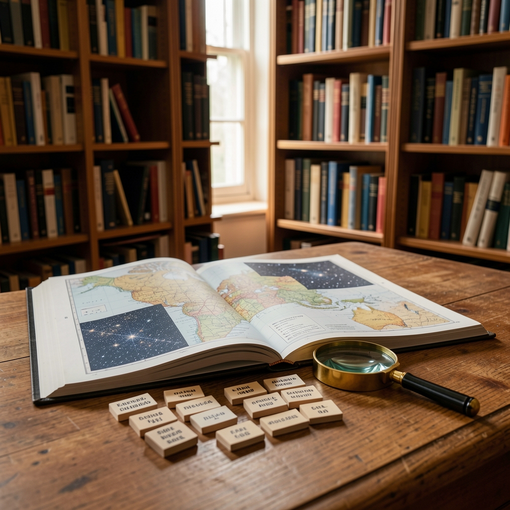 Mapa de estrellas abierto junto a fichas de términos y una lupa en una biblioteca de estudio