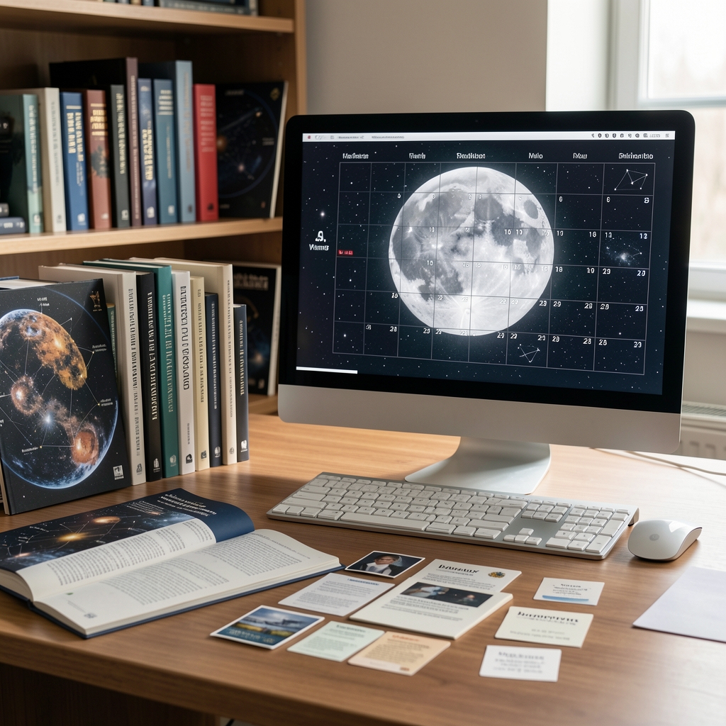 Mesa editorial con libros de astronomía, fichas de fuentes y una computadora mostrando un calendario lunar