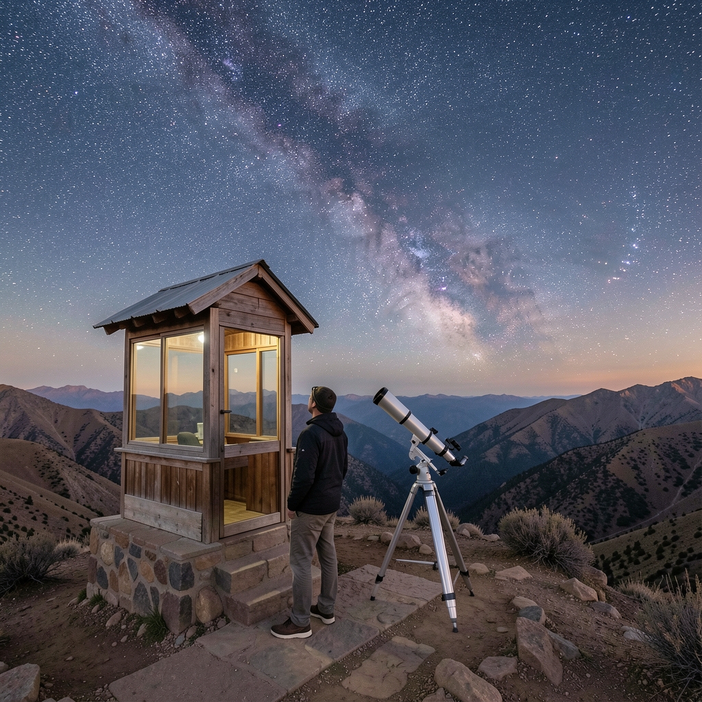 Persona observando estrellas desde un pequeño observatorio en la sierra argentina con telescopio y cielo profundo