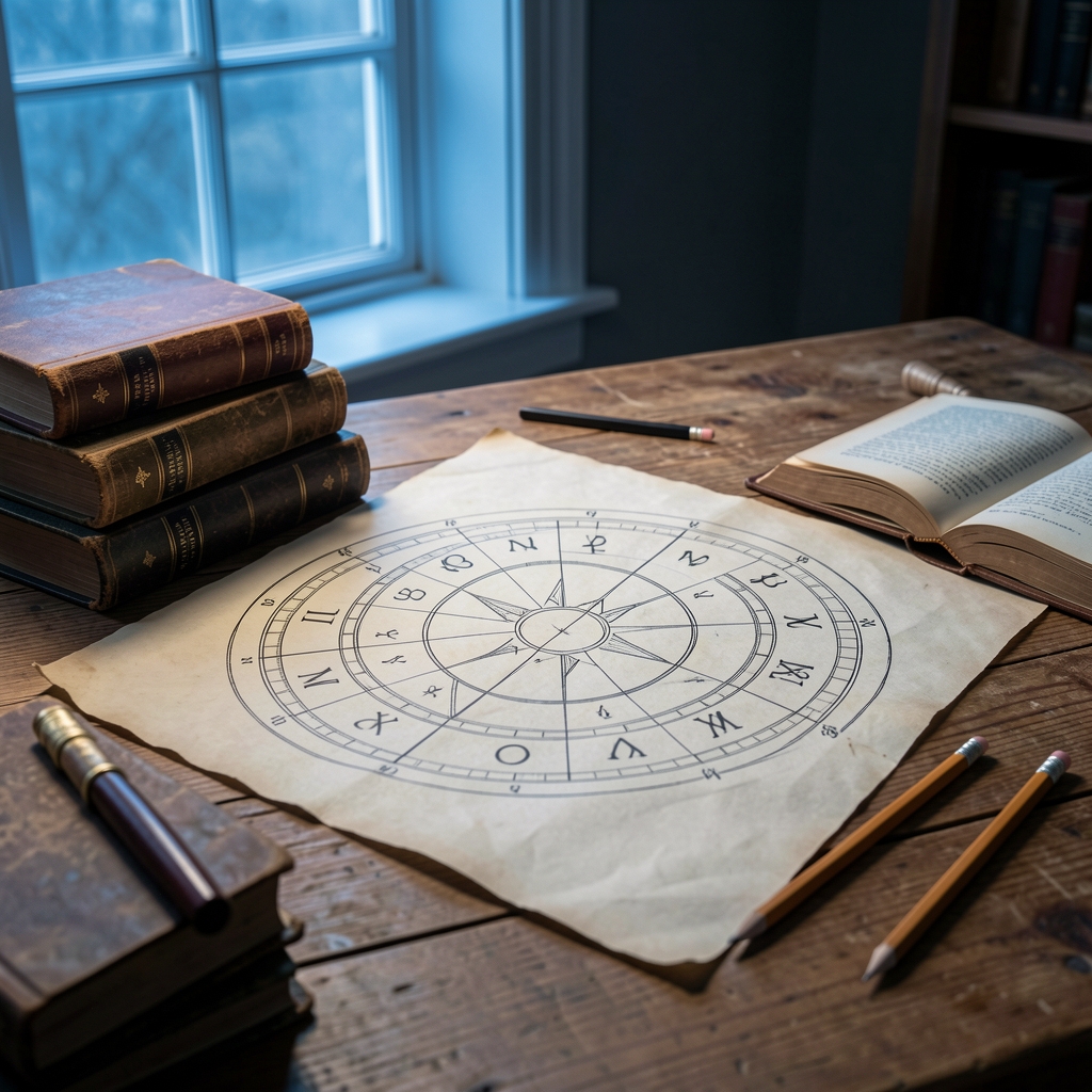 Rueda zodiacal dibujada sobre una mesa de estudio con libros antiguos, lápices y luz azul de una ventana