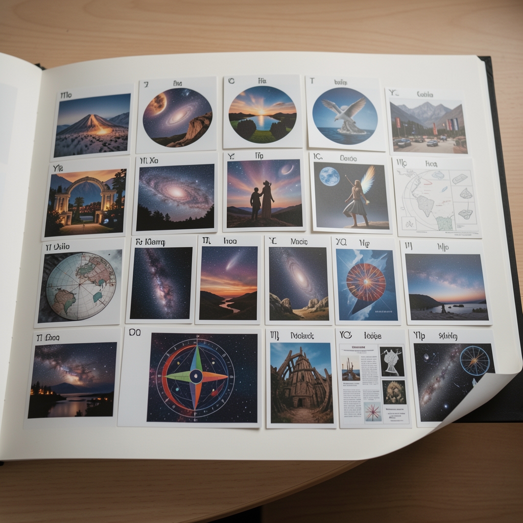 Mesa editorial con láminas de los doce signos del zodíaco, fotografías del cielo y fichas de investigación